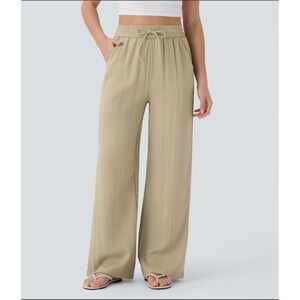 NWT-High Waisted Drawstring Pocket Wide Leg Linen-Feel Pants M-Tall
